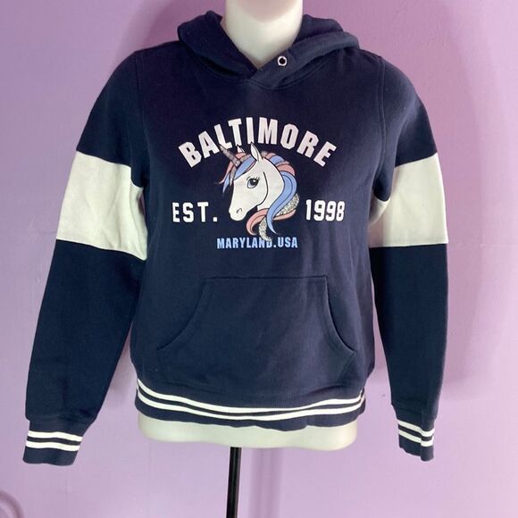 H&M Girl's Pullover Hoodie Dark Blue Size 10/12 Sweatshirt Long Sleeve - Picture 1 of 4